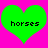 Two bright green heart shapes on a vivid pink background, each containing the word 'horses' in black pixelated text.