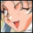 Anime-style character face with closed eyes and open mouth, next to pixelated text on black background.