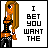 Pixel art of a character with long orange hair and blue eyes, wearing an orange and black outfit, standing against a white background with text above and below.