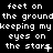 Black background with white pixelated text repeating 'feet on the ground keeping my eyes on the stars' in a pattern, some lines ending with periods or commas