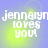 Pixelated text 'jenniyn loves you!' on a blue-to-yellow gradient background with four identical