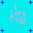 Cyan background with blue plus signs and pink text reading "I Love Dogs" in pixelated font, arranged in a pattern