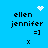 Blue background with black text 'ellen jennifer =]' and an 'x' below, featuring a white pixelated heart above the left pair of text and a white pixelated starburst above the right pair.