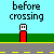 Pixel art scene with red-and-white figures on roads, blue cars, green grass, and text phrases like "before crossing" and "always look both ways".