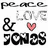 Pixelated text and symbols with orange and black color scheme, featuring 'PEACE', 'LOVE', '&', heart symbol, 'JONES', 'Megan is the future Mrs. NICK JONES!' phrases.