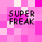 Pixelated text 'SUPER FREAK' repeated four times on a pink and white checkered background with varying pixel density.