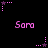 Pixelated pink text 'Sara' appears in a pattern with animated star-shaped elements on a black background