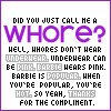 identical pixel art displaying text about Barbie and a 'whore' question, with purple and pink text on white background