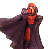 Pixelated figure in red and dark purple attire with arms outstretched against a gray background.