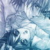 Anime-style character with tousled hair lying down, wearing a light-colored shirt with dark spiral patterns, rendered in blue and white tones.