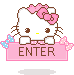 Pixel art Hello Kitty avatar with pink bow, brown whiskers, and yellow nose, holding pink sign with 'ENTER' text, blue and pink bows on sign edges.