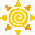 Two pixelated sun icons with spiral centers, alternating yellow and orange rays on gray background.