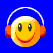 Pixelated yellow smiley face wearing white headphones with orange ear cups, displayed on blue background in three variations.