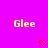 Yellow 'Glee' text repeated across a bright pink background with red pixelated hearts below each text instance.