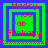 Four identical pixel-art display layered text in red on green and blue backgrounds with a red dotted line separator