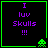 Four identical pixel-art with black backgrounds, green borders, purple text reading "I luv Skulls !!!", and a green alien icon in the bottom-right corner of each