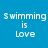 Blue background with white text "Swimming is Love" and cyan horizontal bars shifting position