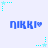 Blue pixelated text 'NIKKI' with a small heart symbol, surrounded by cyan star and dot patterns on a light background.