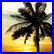 Two side-by-side animated frames of a tropical sunset scene with palm trees and water reflections.