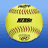 A pixelated softball with visible stitching and a black logo on its surface, set against a blue gradient background.