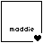 Four square display the name 'maddie' with pixelated hearts changing from solid black to two gray halves across frames