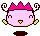 Pixel art of a pink cartoon character with spiky magenta hair, brown spiral horns, and green ear accents; two expressions shown side-by-side.