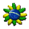 Six identical pixelated sunflower icons with blue centers, yellow petals, and green leaves arranged in a on gray background