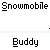 Animated sequence showing a character on a green snowmobile with a yellow body and brown accents, moving across a gray background with repeated text.