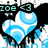 Pixelated blue and white abstract shape with black background, featuring teal text 'ZOE 43' in top-left corner.