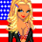 A 4-frame animated contact sheet showing a pixelated cartoon woman with blonde hair against an American flag background, transitioning to text on red burst backgrounds.