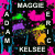 Pixelated image with bold text 'MAGE' at top and 'KELSEY' at bottom, surrounded by colorful abstract shapes on a dark background.