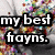 six text-based icons with black outlines on a colorful pixelated background, featuring names and phrases like "my best fraysn.", "mwolly & chwis", "ABC & livy", "lori & 2 BFTAG", "ILY!", and a red heart symbol