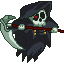 Pixel art contact sheet showing two frames of a grim reaper character holding a scythe with red eyes and dark hooded cloak.