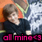 A pixelated image of a person in dark clothing with short brown hair, set against an orange and white background with pink text reading 'all mine<3' at the bottom.