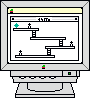 Pixelated game scene on a computer monitor showing a character navigating platforms with green star and red explosion effects.