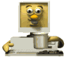 Animated character with yellow face and orange nose appears inside computer monitor, holding white mug and interacting with keyboard.
