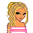 Pixel art doll icon with blonde curly hair, pink striped top, and pink pants; multiple views of the character's body parts and repeated 'Angel' text in pink font.