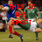 A four- shows a rugby match scene with red text overlays; the bottom-right is blank
