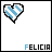 A 3x3 contact sheet of a pixel art heart animation with blue and white stripes, each frame labeled "FELICIA" in light blue text below the icon.