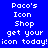 Blue background with white pixelated text reading 'Paco's Icon Shop get your icon today!' repeated across three , with light blue rectangular highlights on specific text elements