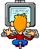 Pixelated cartoon character with orange hair typing on keyboard, seated at gray computer with blue screen displaying text, red shirt, blue pants, gray chair, gray background.
