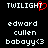 Pixelated text displays 'TWILIGHT' with a red heart replacing the letter T, followed by 'edward cullen boba yy<3' in lowercase on black background.
