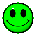 Two green pixelated smiley faces with black outlines, one showing eyes and the other without, on a gray background.