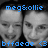 Pixelated grayscale image of two side-by-side faces with blue text above and below, set against a black background.