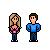 Pixel art of two figures with speech bubbles showing text changes across frames.
