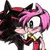 Pixelated anime-style character with pink hair and black accents, wearing a red and white outfit with yellow details, holding a red object.