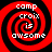 Four identical red and black spiral patterns with white text reading 'camp croix is awesome' arranged in a on a black background