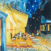 A static digital painting of a nighttime street scene with a golden building facade, blue sky, and scattered lights.
