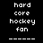 Pixelated text with three of 'hard core hockey fan' and dashed lines, where red highlights shift across in animation