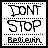 Static pixel art icon with 'DONT STOP' text above 'Believin'' in stylized fonts, dotted lines separating sections, and purple accent dots on a white background.